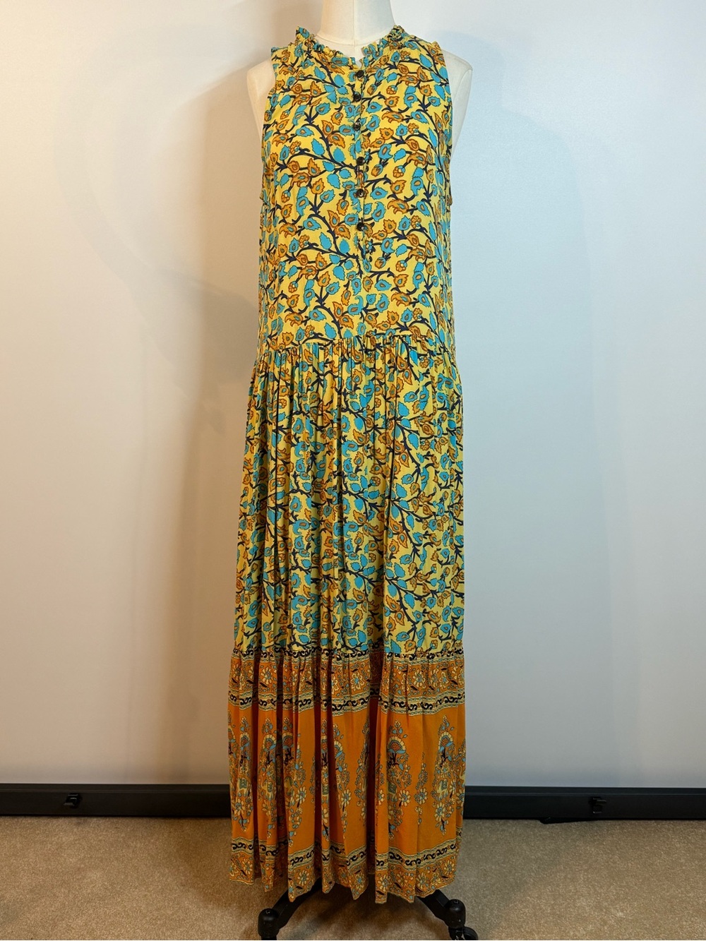 Sleeveless Floral Maxi Dress in Yellow and Turquoise with Orange Hem